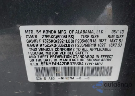2013 Honda Pilot Ex z USA, uszkodzony, nr VIN 5FNYF4H42DB075354